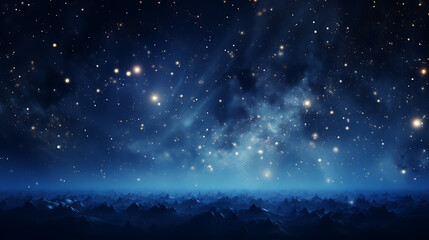 Obraz premium An abstract backdrop with electric blue and silver particles. Celestial starlight shine particles bokeh on a cosmic navy background. Silver foil texture created with AI technology