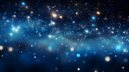 Obraz premium An abstract backdrop with electric blue and silver particles. Celestial starlight shine particles bokeh on a cosmic navy background. Silver foil texture created with AI technology