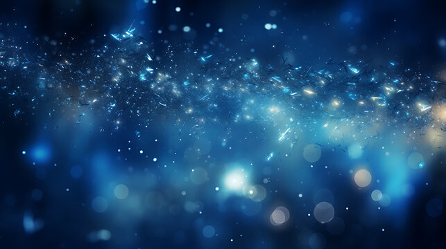 An abstract backdrop with electric blue and silver particles. Celestial starlight shine particles bokeh on a cosmic navy background. Silver foil texture created with AI technology