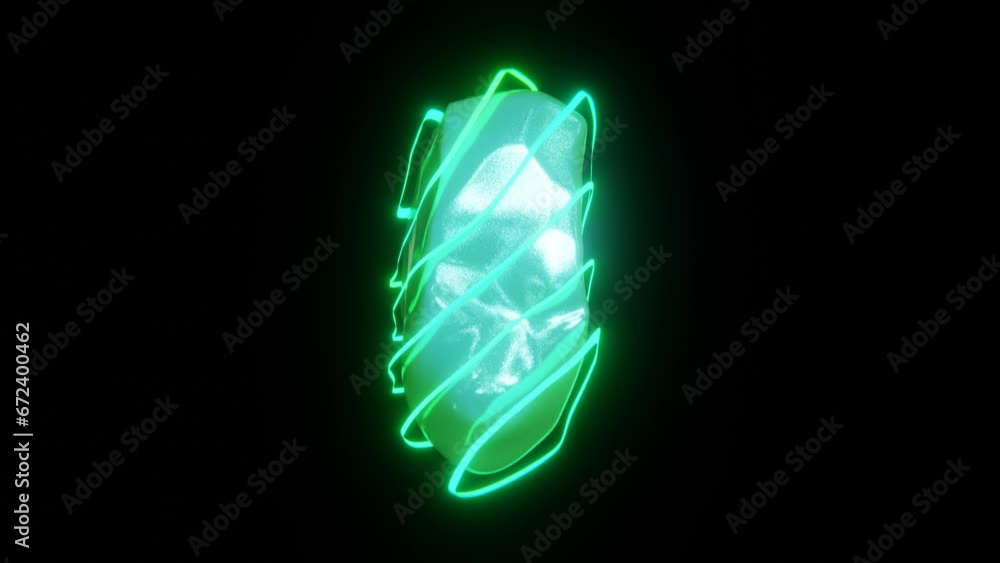 Poster animation of an abstract morphing and rotating gem jewel glitter 3d shape with electricity neon line