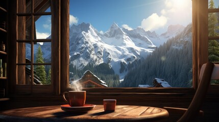  a cup of coffee on a table in front of an open window with a view of a snowy mountain range.  generative ai