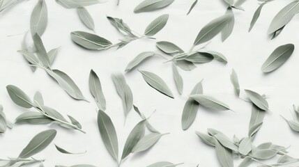  a bunch of leaves that are laying on a sheet of paper with a white background that has a lot of green leaves on it.  generative ai