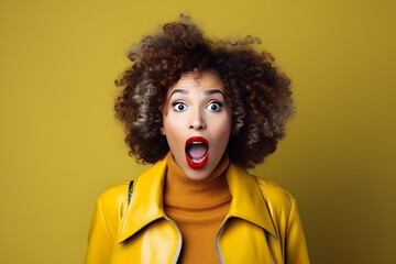 Colorful studio portrait of a beautiful young woman with excited expression, yellow and brown. Generative AI