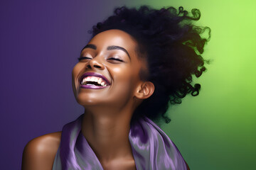 Colorful studio portrait of an ethnic woman smiling happily. Bold, vibrant and minimalist. Generative AI