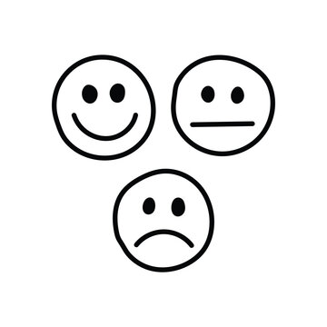Hand-drawn cartoon doodle icon rating emotion faces on a white background.