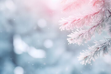 Fototapeta premium Beautiful winter nature background with snow covered fir tree branch blurry background with copy space