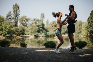 Fit couple of athletes warming up outdoors in a park. Jumping rope, stretching, and preparing for their workout. Motivated and happy, they enjoy the sunny day and fresh air.