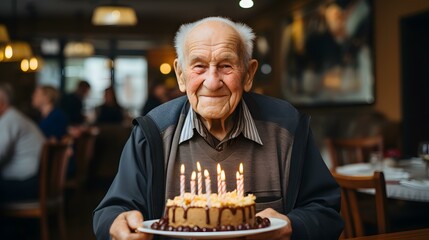 Homem Idoso com Expressão Alegre Prestes a Apagar as Velas do Bolo de Aniversário - obrazy, fototapety, plakaty