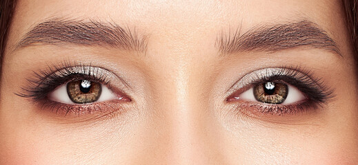 Naklejka premium Beautiful female eyes with long eyelashes. Eyelash extensions. Makeup, cosmetics, beauty. Close up, macro