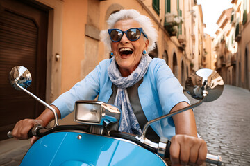 Happy old woman driving a vintage scooter