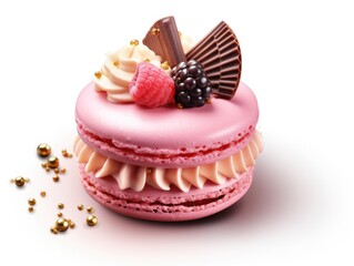 Obraz na płótnie Canvas A pink macaron with raspberries and chocolate. Clipart on white background.