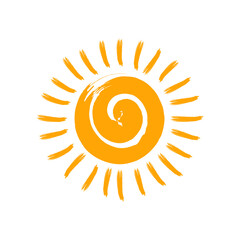 Hand drawn cute sun in doodle style. Grunge brush sun icon isolated on white background. Vector