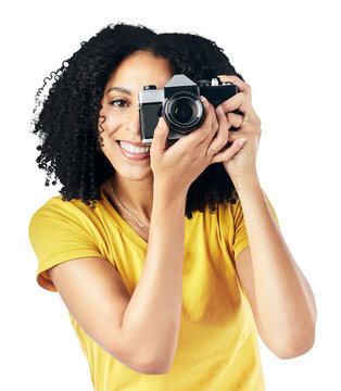 Photography, portrait and happy woman with camera in studio for creative photoshoot on isolated, transparent or png background. Smile, face and female photographer with lens, memory or picture hobby