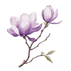 A painting of two purple flowers on a branch. Magnolia flowers.