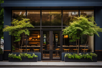 Urban cafe exterior with large window, greenery, and modern design. - obrazy, fototapety, plakaty