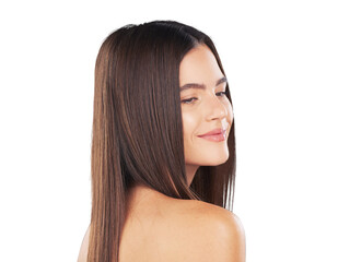 Naklejka premium Happy woman, beauty and straight hair, health and shine isolated on a transparent png background. .Natural person, hairstyle and cosmetics in salon treatment, hairdresser and thinking about wellness