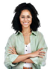 Woman, arms crossed and glasses in portrait for education, study and learning confidence or knowledge. Face of an african student with vision or proud of scholarship on transparent png background