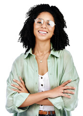 Woman, arms crossed and smile for fashion, glasses and creative writer on isolated transparent png...