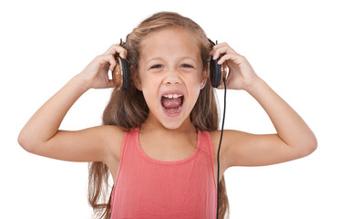 Young child, headphones and screaming in music, anger or listening to radio isolated on a...