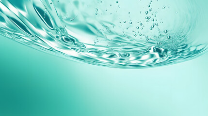 Trendy summer nature banner. Defocused aqua-mint liquid colored clear water surface texture with splashes bubbles with copy space. Water waves in sunlight background.