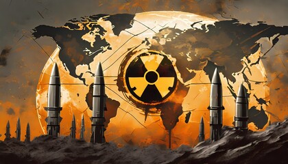 World map with all continents. Radioactive hazard symbol. Planetary catastrophe tone. Atomic war with threatening missiles.