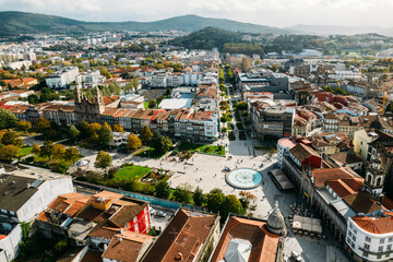 Aerial drone view of historic city of Braga in northern Portugal on a sunny day