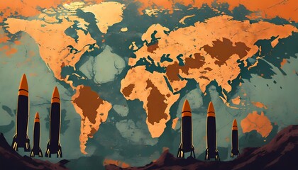 World map with all continents. Planetary catastrophe concept. Atomic war with threatening missiles. Planet Earth in an overheating and rusting atmosphere. Orange colour.