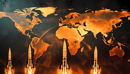 World map with all continents. Planetary catastrophe concept. Atomic war with threatening missiles. Planet Earth in an overheating and rusting atmosphere. Orange colour.