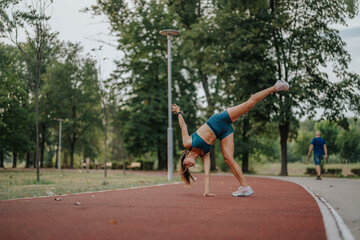 Active, fit girl display impressive 360-degree cartwheels in a green park, inspiring with their athleticism and dedication to exercise. Perfect for fitness and sports projects.