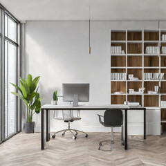 White open space office with bookshelves and blank wall