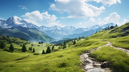 Fototapeta na wymiar Beautiful natural landscape with green meadows and clear blue sky