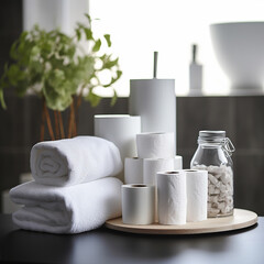 Rolls of toilet paper and bath supplies on table in bathroom