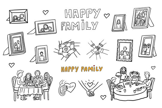 Set of happy family, family having dinner, framed family photo, picture frames with family portraits, framed sketches of family members. Hand drawn. Doodle style