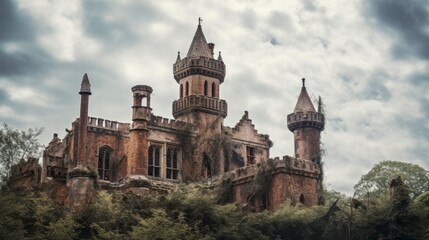 Fototapeta na wymiar A Dilapidated Fairytale medieval Castle A Low-Angle Shot