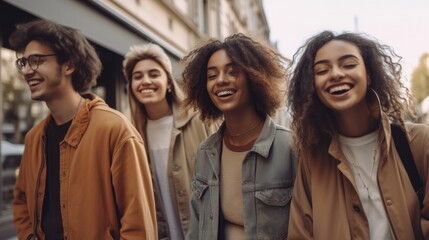 Fototapeta premium Group of young people are smiling while walking down the street.