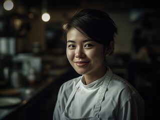 Young asian woman in a white chef's apron.