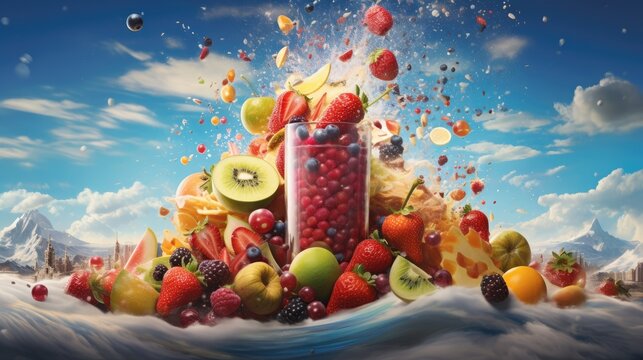  a painting of a bunch of fruit and a glass of juice with a splash of water on top of it.  generative ai