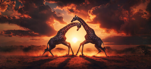 Giraffes Fighting at Sunset