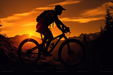 Obraz na płótnie Canvas Silhouette of cyclist riding bike through mountains at sunset
