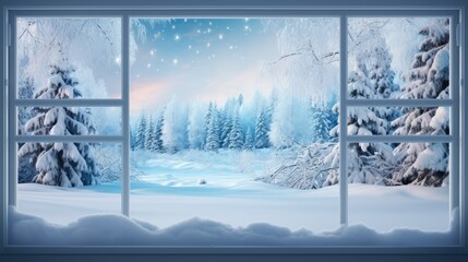  a window with a view of a snowy landscape and a forest outside of it, with snow falling on the ground and trees outside of the window.  generative ai - obrazy, fototapety, plakaty
