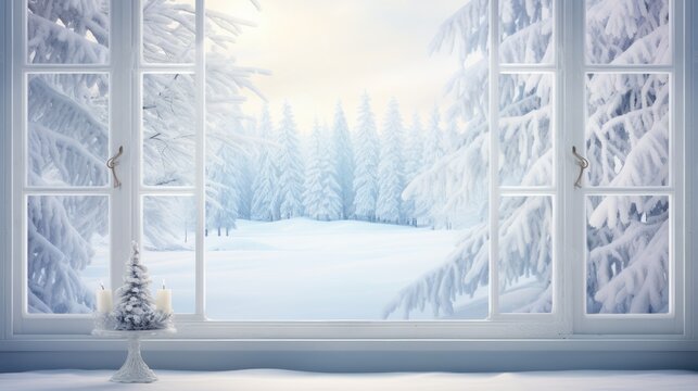  a window with a view of a snowy landscape and a lit candle in front of a snowy scene with trees.  generative ai
