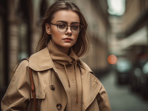 Young woman wearing glasses and a trench coat is standing on a city street.
