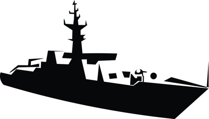 Cartoon Black and White Isolated Illustration Vector Of A Navy Warship - obrazy, fototapety, plakaty