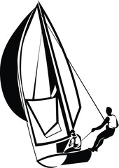 Cartoon Black and White Isolated Illustration Vector Of A Windsurfer On A Sailboard