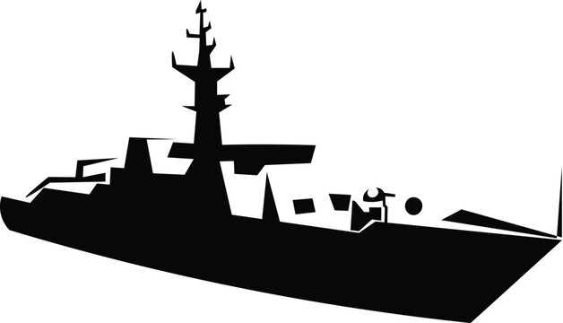 Cartoon Black and White Isolated Illustration Vector Of A Navy Warship