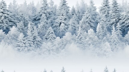  a group of trees covered in snow next to a forest filled with lots of tall pine trees on a snowy day.  generative ai