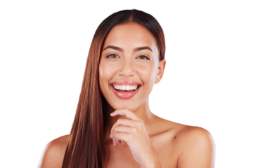 Hair care, smile and portrait of a young woman with makeup, glamor and cosmetic face. Happy, salon and hairdresser model with a beauty hairstyle from a spa isolated by transparent png background.