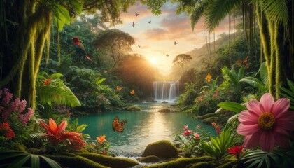 Photo of a lush rainforest at sunset with exotic plants and vibrant flowers in the foreground, colorful birds and butterflies hidden in the treetops, and a small waterfall in the background flowing in - obrazy, fototapety, plakaty