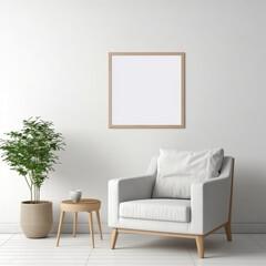 Wall background mockup. Blank picture frame mockup on white wall, created with Generative AI Technology.