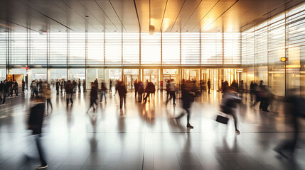 Busy Airport or Subway Terminal Hub Interior with Many People Moving Walking in Motion for Travel at Straight-On View with Warm Colors
